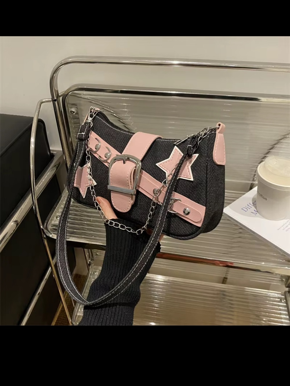 Black and Pink Star Accent Saddle Bag